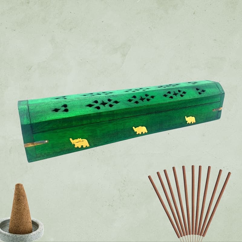 Porte-encens coffret en bois vert eléphants